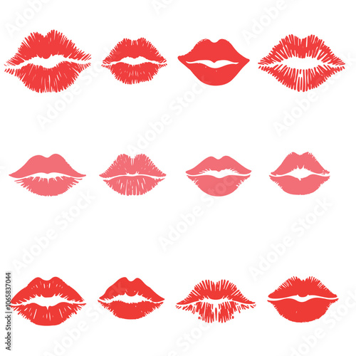 Minimalist Color Lip Print Silhouettes Vector - 3x4 Grid with Unique Textured Variations, Crisp Edges for Modern Graphic Design