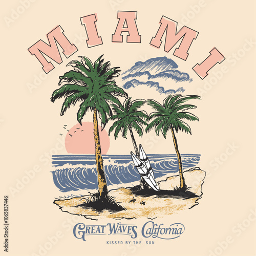 Hand Drawn Long Beach summer vibes  beach, waves surf board. California Los Angeles summer print. womens miami beach graphic. tropical botanical sunset under the waves. summer tee shirt print graphic