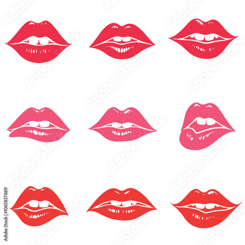 Minimalist Color Lip Print Silhouettes Vector - 3x4 Grid with Unique Textured Variations, Crisp Edges for Modern Graphic Design