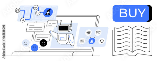 Robot chatbot interacting with users, emoticons reflecting feedback, communication, shopping icons, open book, and BUY button. Ideal for AI, customer service, online shopping, e-learning, digital