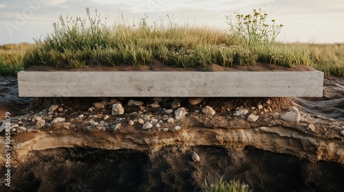 Cross-section of earth with lush grass and concrete layer in natural landscape photo