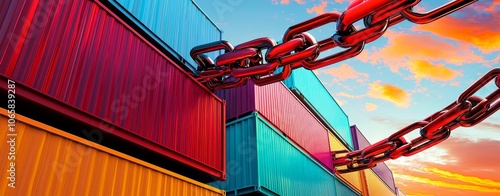 The concept of Trade Quotas, Trade Restrictions, Economic Limitations is depicted on shipping containers locked down by chains photo