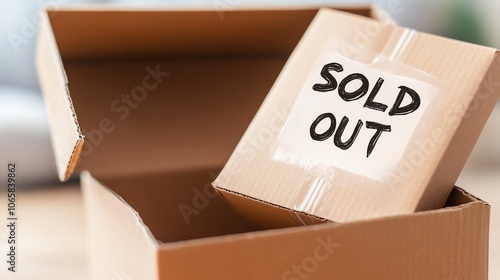 An empty cardboard box with a 'SOLD OUT' sign inside, representing a product that is unavailable for purchase. photo