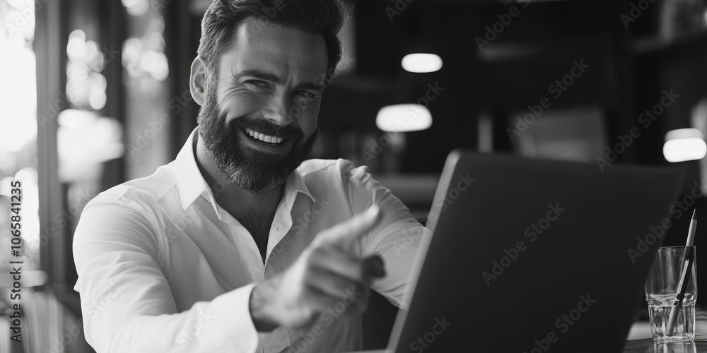 Obraz premium Smiling Man with Laptop in Restaurant
