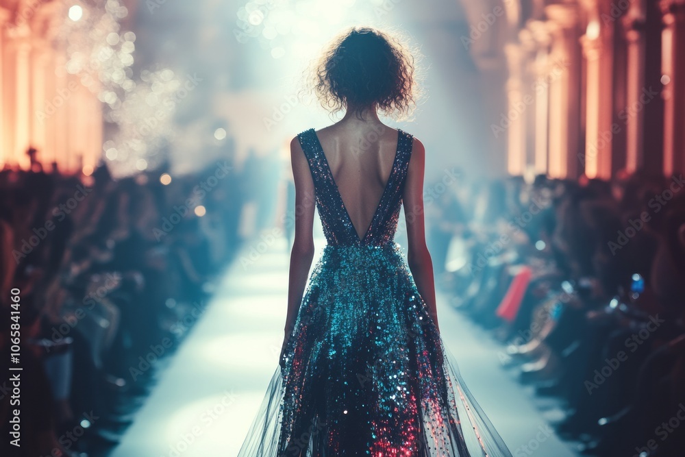 A model walks down a runway in a stunning, sparkling dress, showcasing a glamorous fashion show atmosphere with an audience in the background.