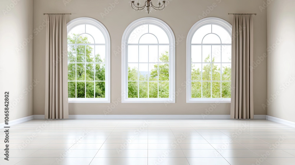 Fototapeta premium Bright and airy empty room with three large arched windows and elegant chandelier casting a warm glow over the beige walls and white tiled floor