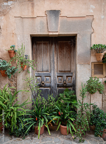 Photography of aged wooden door in house, Valldemossa, Mallorca, Spain, plants, house doorway and doorstep