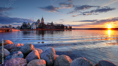 sunset near the monastery and lake view