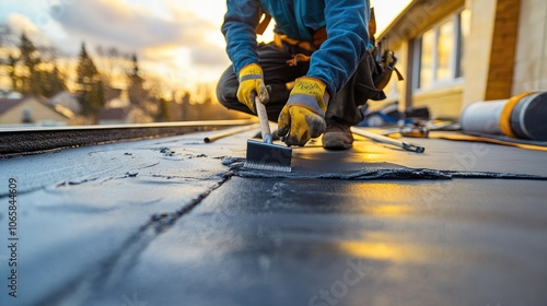 Roofer Applying Waterproof Sealant on Flat Roof at Sunset for Home Maintenance and Repair photo