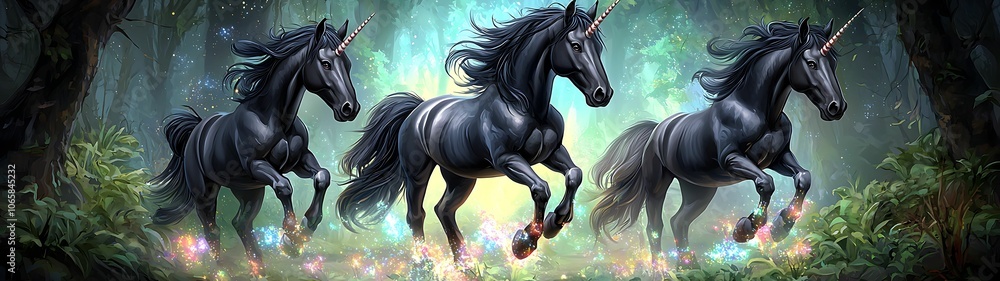 Naklejka premium Majestic black unicorns galloping through enchanted forest filled with sparkling magic and mystery