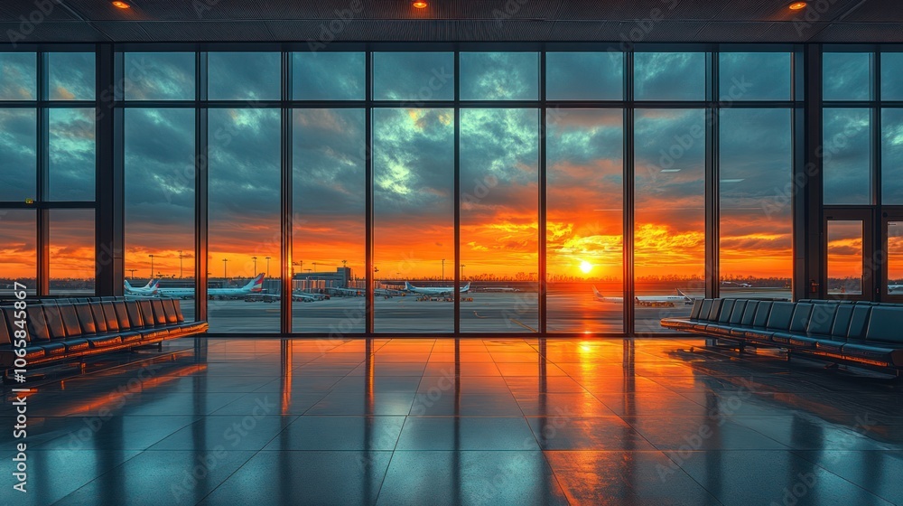 Fototapeta premium A view of an airport terminal with rows of seats, looking out at a dramatic sunset with the runway and planes in the distance.