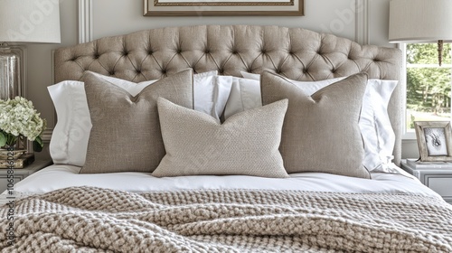 A luxuriously made bed with tufted headboard, white linens and beige throw blanket. photo