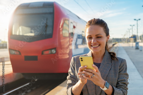 Fotografía Woman commuter stands on a railroad platform and smiling,, using her smartphone with a blurred train in the background