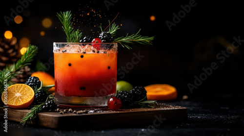 A holiday-themed red cocktail adorned with sugared berries, holly, and festive decorations, set against a warm, bokeh-lit background for Christmas celebrations.
 photo