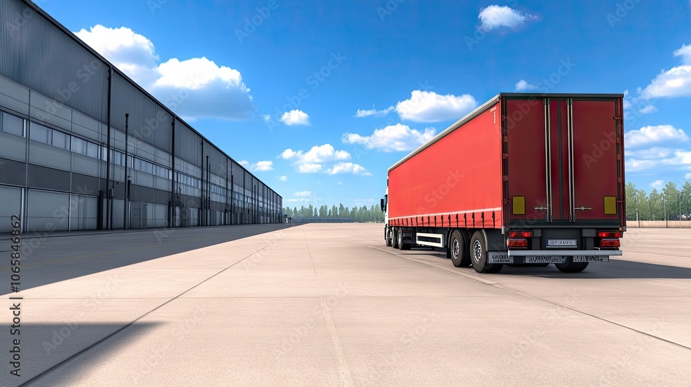 Obraz premium A red truck parked at a loading dock, ready for shipment under a bright blue sky at a busy warehouse complex