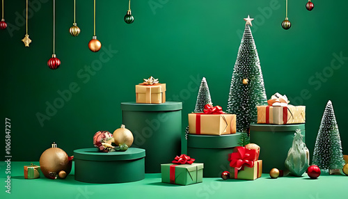 christmas gifts displayed behind green podiums abstract christmas backgrounds festive tree decorations various products