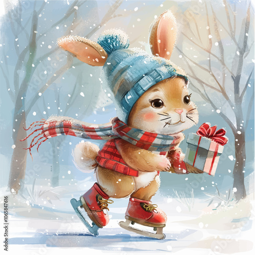 Vector illustration New Year's card cheerful rabbit on skates