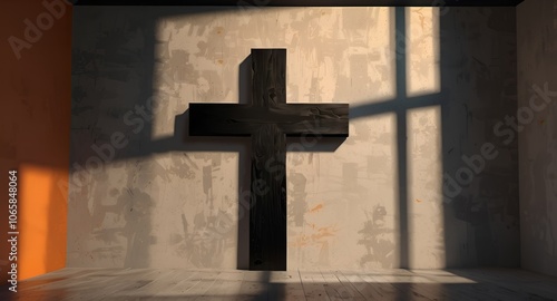  Black wooden cross in praying room, Christian church interior. with light coming out from window.