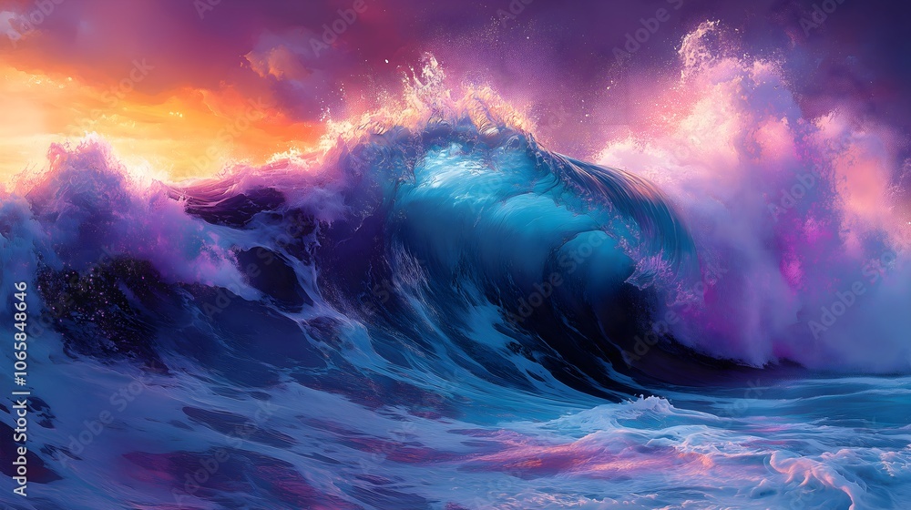 Fototapeta premium Majestic ocean wave illuminated by vibrant sunset colors in a dramatic coastal landscape