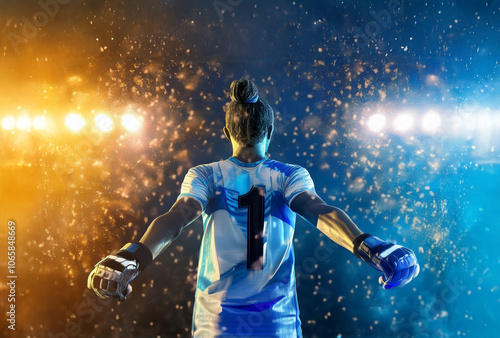 Soccer player. Strong athletic woman ready to run on stadium background wearing in the sportswear. Fitness and sport motivation. Runner concept.