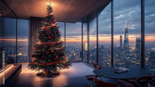 Futuristic Christmas Tree in High-Tech Office Overlooking Cityscape - Festive Modern Ornament Design photo