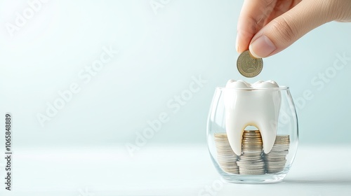 A hand carefully deposits coins into a glass bowl shaped like a tooth, symbolizing dental savings for future care and health photo