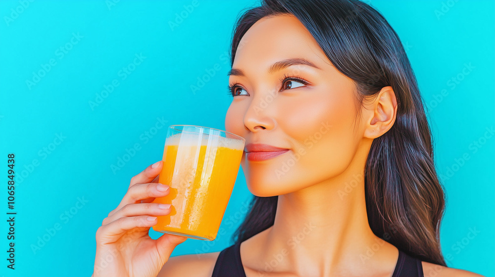 Woman enjoying a refreshing drink with vibrant colors in a bright summer setting Woman enjoying a refreshing drink with vibrant colors in a bright summer setting