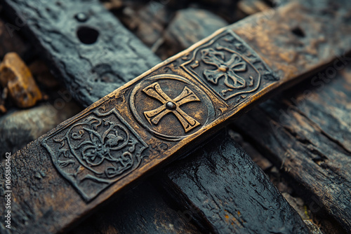 a crusaders belt buckle engraved with Christian symbols. photo