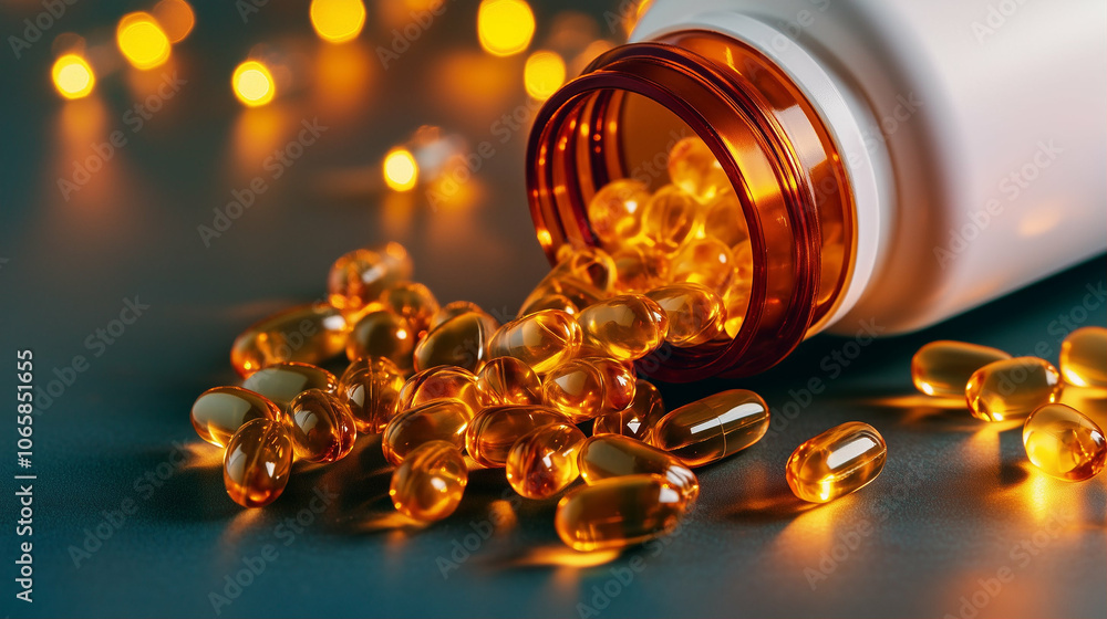 capsules spilling out of a bottle with vitamin capsules for health supplements and wellness capsules spilling out of a bottle with vitamin capsules for health supplements and wellness