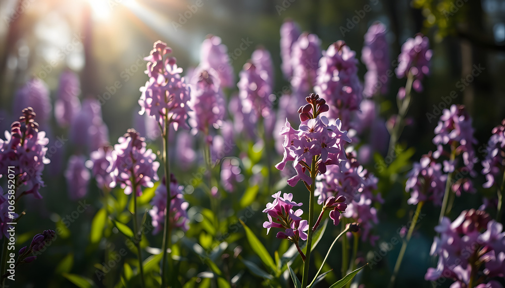 Obraz premium Spring flowering bloom wallpaper. Many lilac purple wild flowers in forest on glade glow in sun on a dark background macro soft focus. Spring templates, amazing magic artistic image isolated with wh