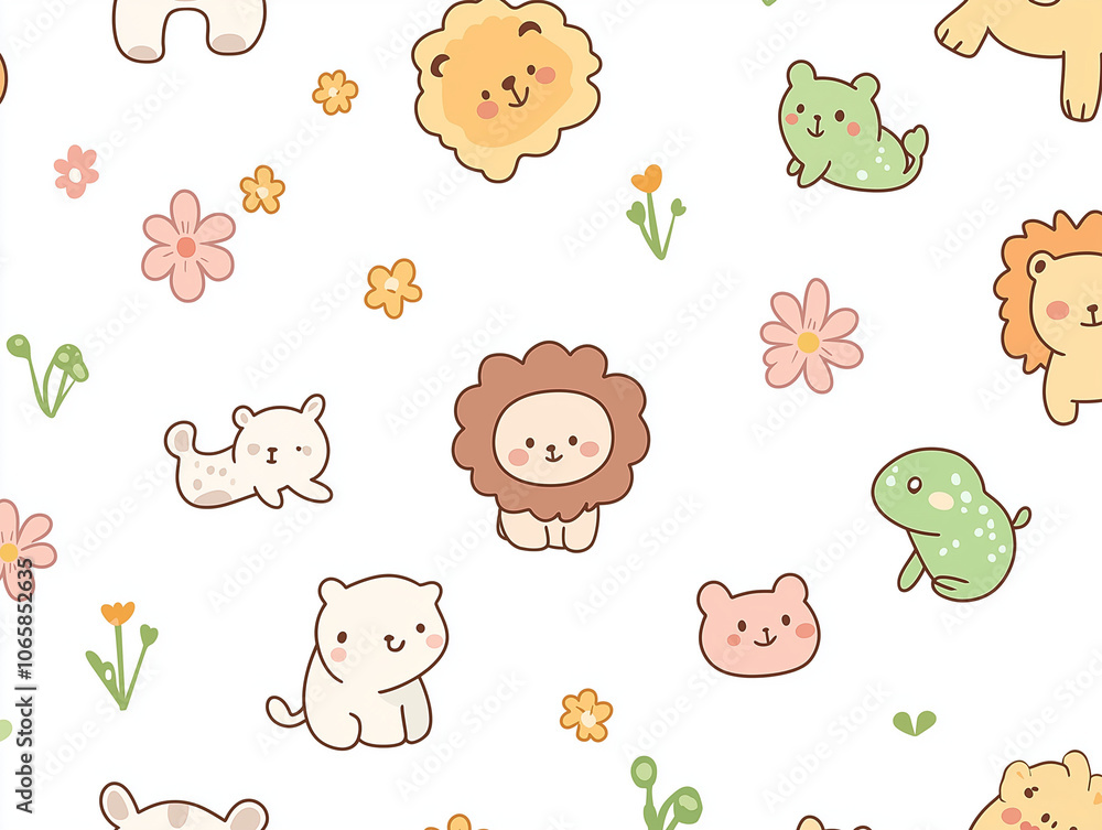 Fototapeta premium Cute animal cartoon pattern, simple line style, white background, simple lines, soft color scheme, cute and lovely pet pattern