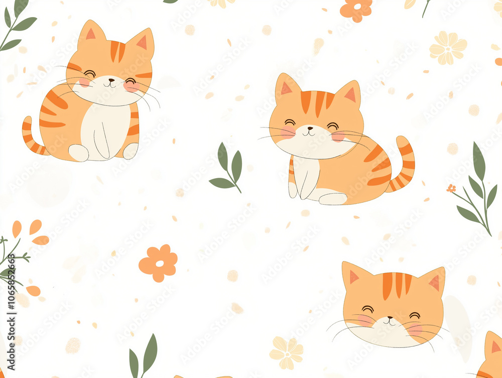 Obraz premium Cute animal cartoon pattern, simple line style, white background, simple lines, soft color scheme, cute and lovely pet pattern