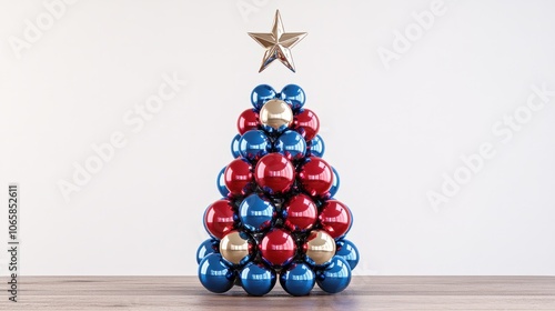 Modern abstract Christmas tree sculpture made of red and blue balls mimicking the joining of molecules, with a star on a white background photo