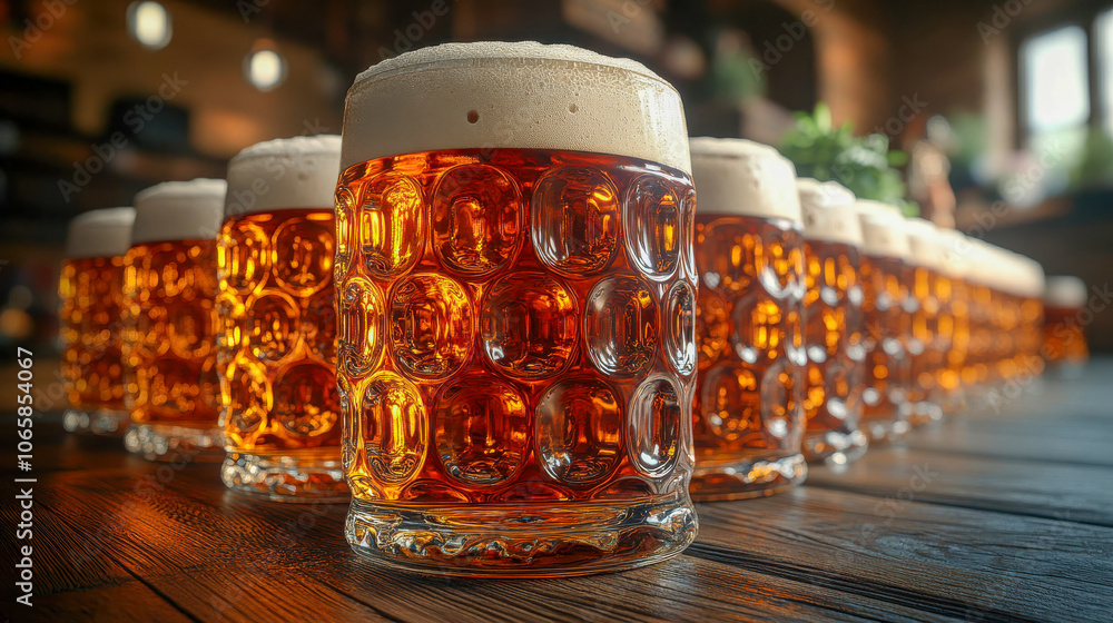 A line of frothy amber beer glasses on a rustic wooden table, warmly lit pub ambiance A line of frothy amber beer glasses on a rustic wooden table, warmly lit pub ambiance