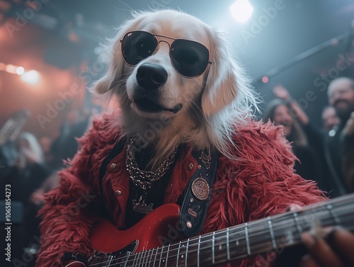 A full body photo of a personified dog dressed as a red rock star, performing in front of cheering fans. This dog is playing musical instruments and dressed fashionably photo