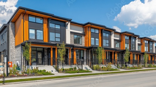 Modern townhouse featuring sleek design and vibrant colors along a suburban street.