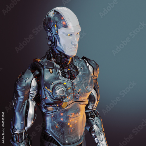 Futuristic humanoid robot with illuminated circuits and advanced design standing against a smooth gradient background, showcasing artificial intelligence technology