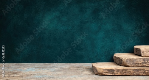 Wooden shelves on green textured background