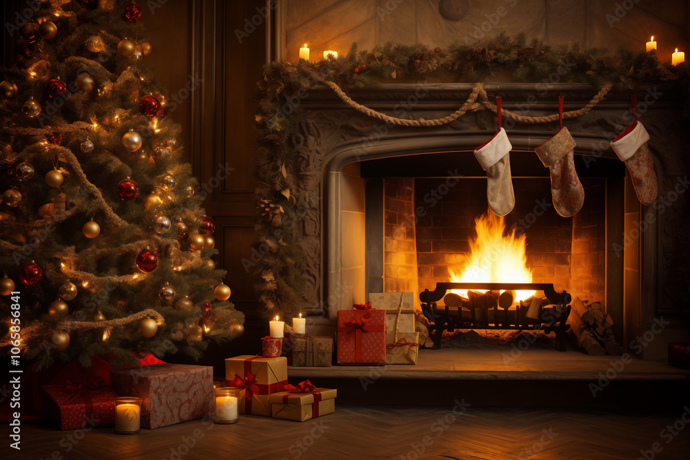 Cozy Christmas scene with a beautifully decorated tree and a warm fireplace adorned with stockings. Perfect for holiday-themed visuals. Cozy Christmas scene with a beautifully decorated tree and a warm fireplace adorned with stockings. Perfect for holiday-themed visuals.