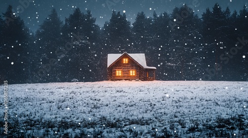 Lonely cabin in the middle of a snowstorm, warm light from the windows, cinematic lighting with high detail on snow textures