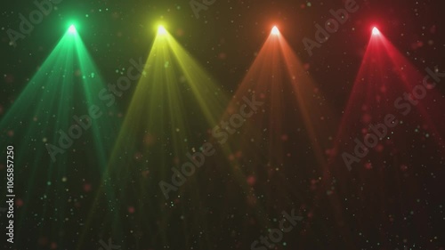 Festive Stage Spotlights with Glowing Particle Effects on Dark Background