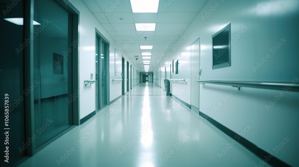 Obraz premium Hospital Corridor: A sterile and clinical perspective down a long hospital corridor, with bright white walls, a tiled floor, and muted lighting.