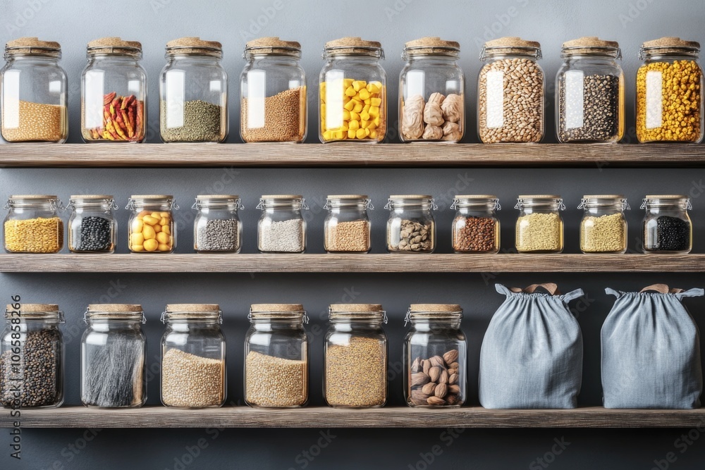 Organized pantry shelves with diverse grains and legumes in glass jars Organized pantry shelves with diverse grains and legumes in glass jars