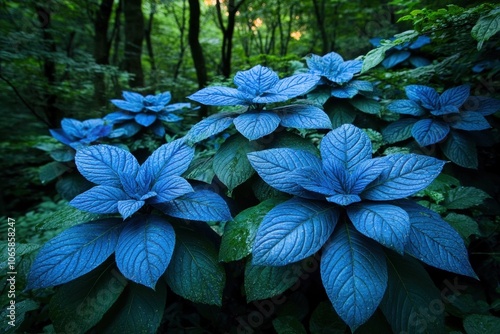 Vibrant blue leaves in a lush forest photo