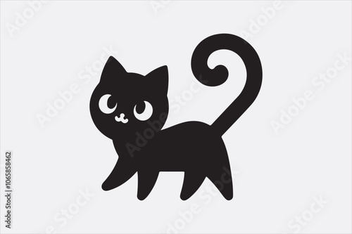 A cute sitting cat with a curved tail and large.