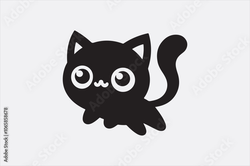 A cute sitting cat with a curved tail and large.