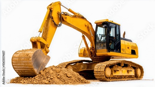 Excavator digging on construction site with soil, isolated on a white background. photo