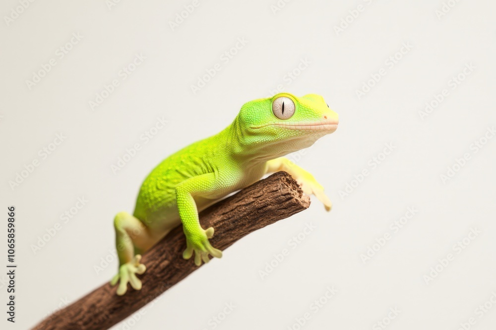 Close-up of a bright green gecko perched on a wooden branch Close-up of a bright green gecko perched on a wooden branch