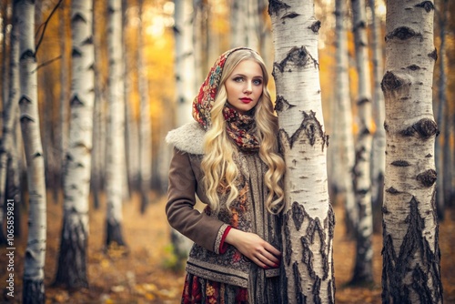 A beautiful girl in a traditional Russian folk shawl in a autumn birch grove. The portrait symbolizes the traditions and beauty of the Russian people. photo