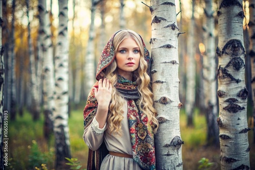 A beautiful girl in a traditional Russian folk shawl in a summer birch grove. The portrait symbolizes the traditions and beauty of the Russian people. photo